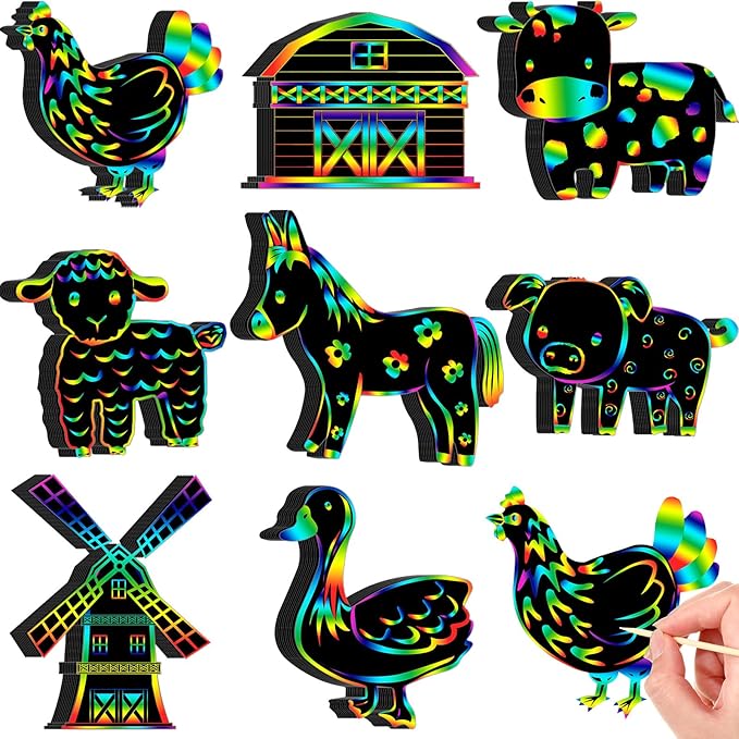 RoundFunny 80 Pcs Farm Animal Scratch Cards Farmhouse Crafts for Kids Colorful Scratch Paper Scratch Off Paper for DIY Art Kit with 80 Pcs Stick and Ribbon for Party Ornaments Favors
