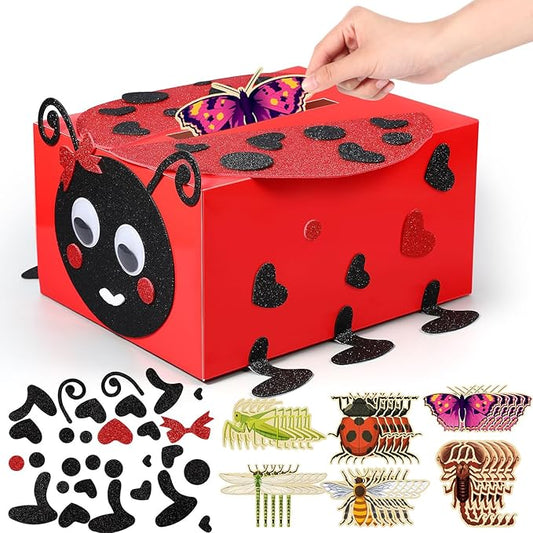 Pasimy DIY Valentines Card Boxes with 30 Insect Greeting Cards DIY Valentine Ladybug Mailbox Craft Kits Valentine's Day Love Bug Party Favor Sets for Kids School Classroom Gifts Exchange