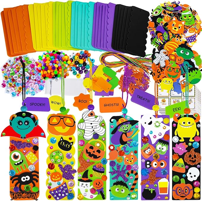 Winlyn 36 Sets Halloween Crafts Kits Fall Crafts DIY Halloween Bookmarks Ornaments Art Sets Bats Monster Jack-O'-Lantern Ghost Foam Stickers Arts and Crafts for Kids Classroom Activities Party Favors