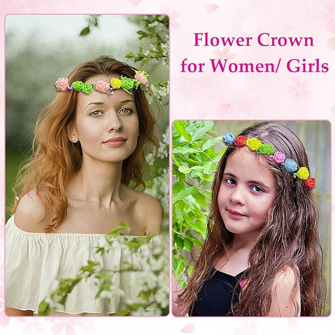 WUBOMJIO DIY Flower Crown Crafting Kit(Rose Theme), Make Your Own 12PC Floral Crown Garland Kit, Presents for Kids Ages 6 7 8 9 10 Years Old and Up