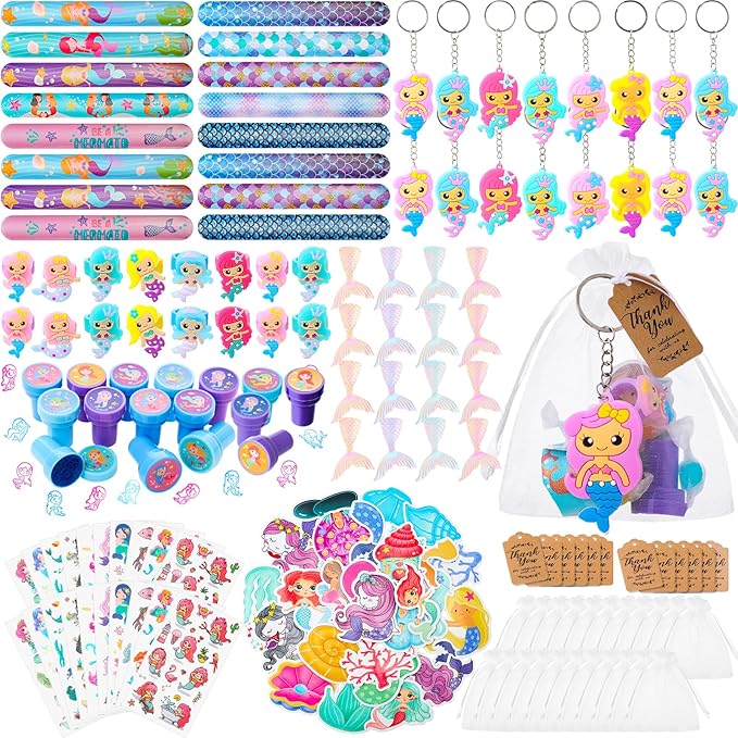 Hungdao 178 Pcs Mermaid Birthday Party Favors for 16 Kids with Keychain Sticker Stamp Ring Slap Bracelet Tattoo Sticker Gift Bag Tag For Summer Swimming pool Beach Party Carnival