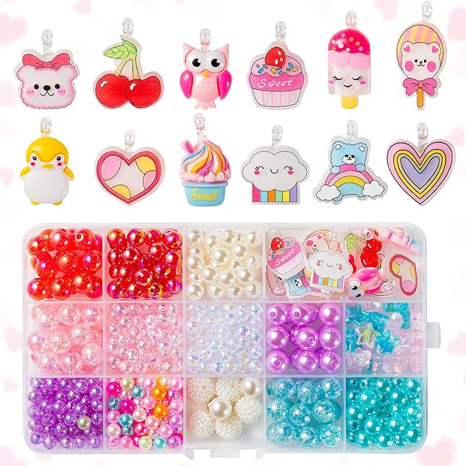 OSNIE Valentin's Day Acrylic DIY Bead - Jewelry Making Kit with 400+ Beads & Charms, Heart Cherry Cupcake Cloud Pendants Creative Children Bracelets Necklaces Rings DIY Making Art Craft Bead Kit