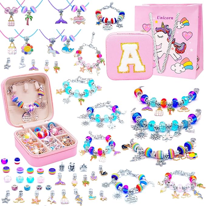 SUREHOME Charm Bracelet Making Kit for Girls 8-12, Art & Crafts for Ages 6-8 Kids Jewelry Making Kit with Initial Box Perfect Personalized Gifts 7+ 9 10 11 Year Old Girls Birthday Christmas Stuff - A