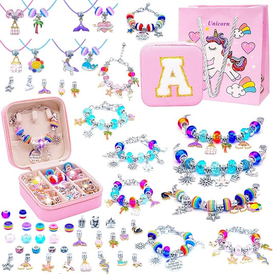SUREHOME Charm Bracelet Making Kit for Girls 8-12, Art & Crafts for Ages 6-8 Kids Jewelry Making Kit with Initial Box Perfect Personalized Gifts 7+ 9 10 11 Year Old Girls Birthday Christmas Stuff - A