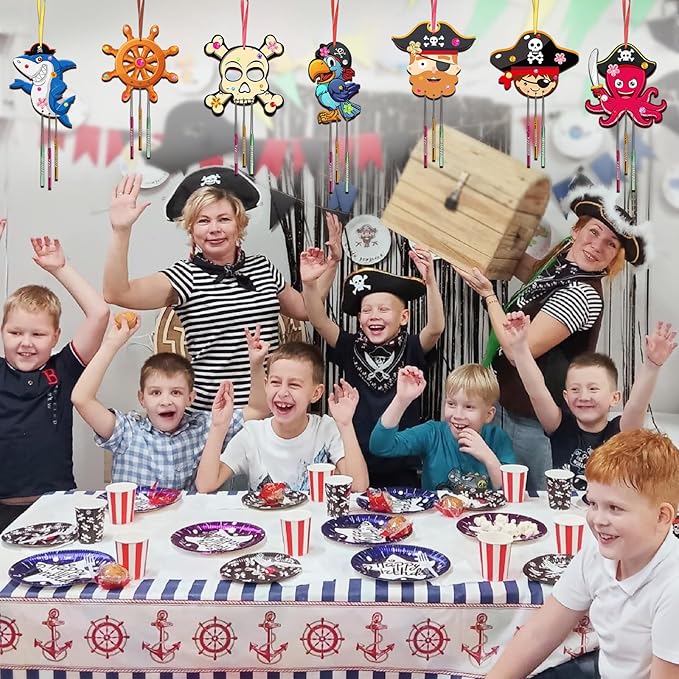 Fennoral 9 Pack Wind Chime Kit for Kids Make Your Own Pirates Wind Chime Wooden Arts and Crafts for Girls Boys Ornaments DIY Coloring Pirates Craft for Christmas Art Activity Birthday Party