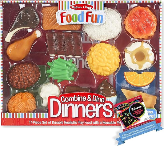 Melissa and Doug Combine and Dine Dinners: Food Fun Toy Play Set Bundle with 1 Theme Compatible M and D Scratch Art Mini-Pad (08267)
