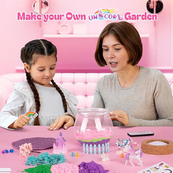 Uni-Corn Terrarium Kit Toys for Girls - Birthday Christmas Gift for Girls Ages 4 5 6 7 8-12 Year Old - Light Up DIY Uni-Corn Arts and Crafts for Kids
