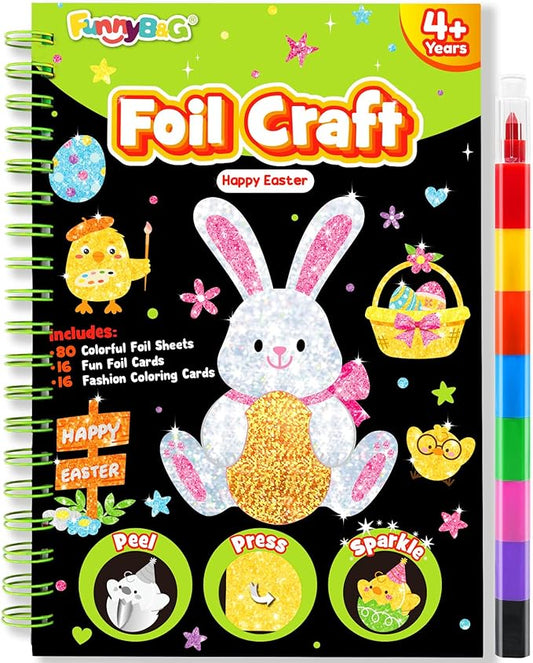 Foil Art Craft Activity for Kids: Fun DIY Toy Sticker Kit, No Mess Creative Travel Supply Set, Idea Birthday Easter Basket Stuffers Valentines Gift for Girl Boy Toddler 4 5 6 7 8 9 Year Old (Easter)