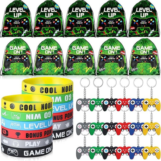 Nosiny 72PCS Video Game Party Favors Birthday Include 24 Video Game Goodie Drawstring Bags 24 Silicone Bracelet 24 Controller Keychain for Kids for Party Supplies (Green, Vivid)