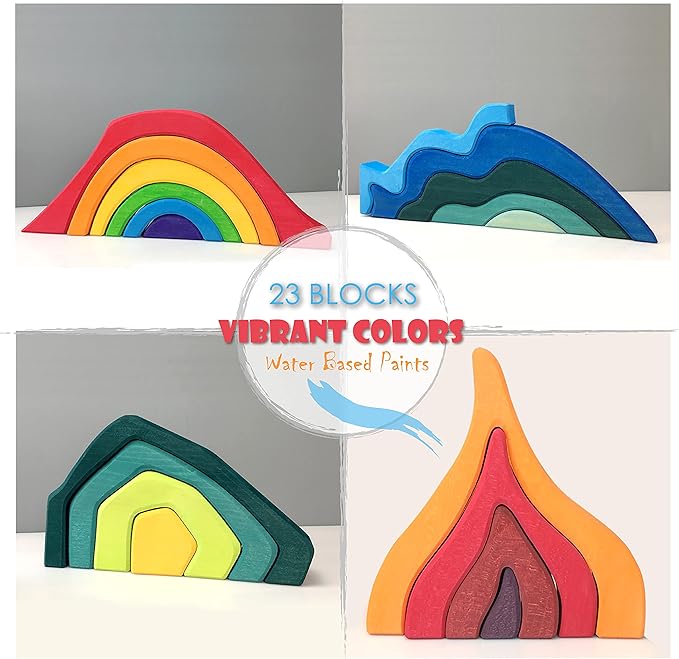'Four Elements' Rainbow X-Large Rainbow Blocks, Wooden Toys for Kids, Geometric Building Puzzle, Volcano/House Educational Set
