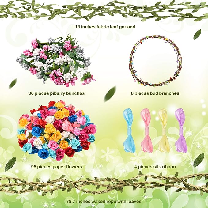 WILLBOND 146 Pcs Flower Crowns Making Kit Flower Crowns Garland Make Your Own Flower Crown Wreath Headbands and Bracelets Craft Kit Handmade Arts and Crafts DIY Floral Crown Garland for Girls Kids