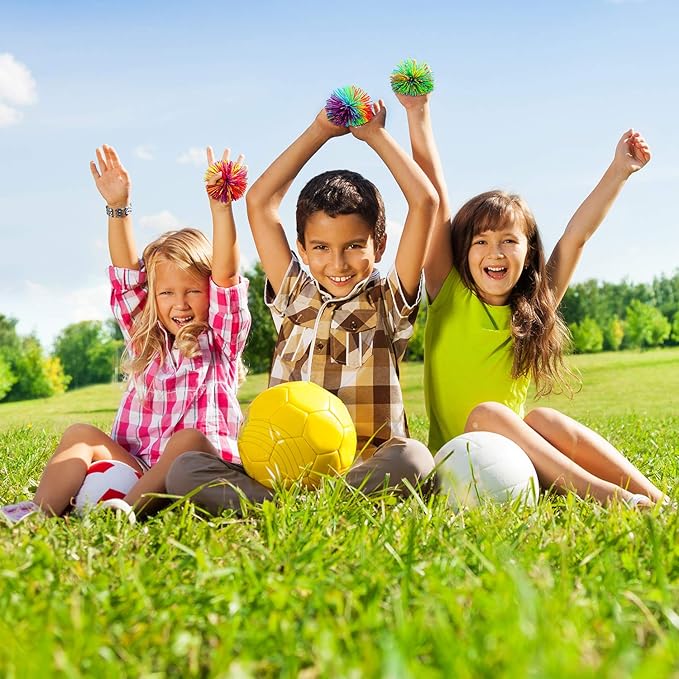 Leinuosen 12 Pieces Monkey Stringy Balls Sensory Stringy Ball Soft Rainbow Pom Bouncy Stress Balls Bags Stuffers Party Favors Birthday Gifts, Multicolor (2.75 Inch)