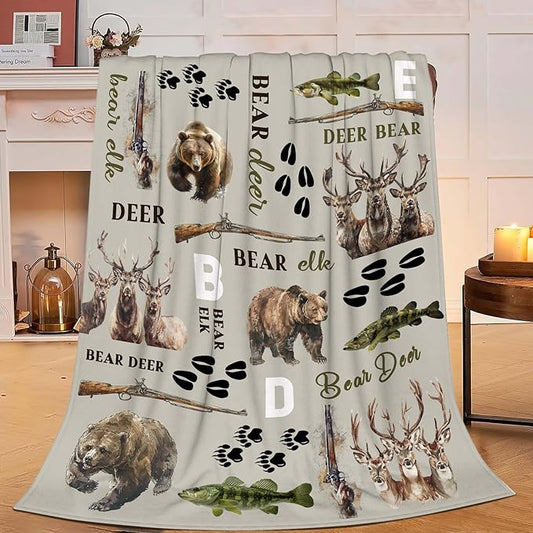 Hunting Deer Throw Blanket Fish Bear Elk Hunt Blanket Gifts for Kids Girls Boys Adults Women Men Soft Cozy Warm Plush Fluffy Fuzzy Fleece Blanket Home Decor 40''X50''