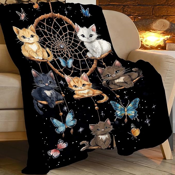 Cute Cat Throw Blanket Dream Catcher Cartoon Cat Gifts for Kids Girls Adults Women Soft Cozy Warm Plush Fluffy Fuzzy Fleece Blanket Birthday Festival Home Decor 40''X50''