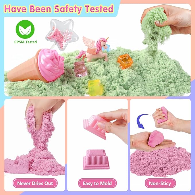 Unicorn Sensory Sand Kit for Girls Ages 3-8 – 2.2lbs Colorful Play Sand, Unicorn Toys, Castle & Ice Cream Molds, Tools & Sandbox with Lid – Great Christmas & Birthday Magic Sand Gift for Toddlers 3-5