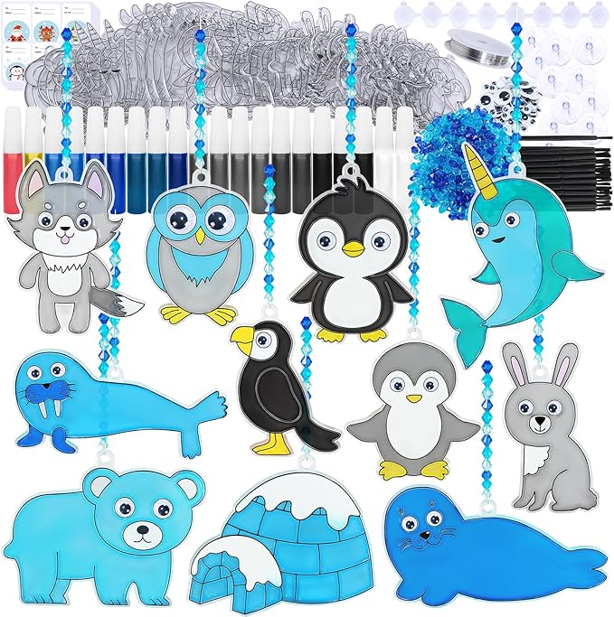 Winlyn 33 Sets Winter Polar Animal Suncatchers Ornaments Decorations DIY Window Paint Art Suncatchers Winter Craft Kits Winter Sun Catchers for Kids Christmas Holiday Classroom Activities Art Project