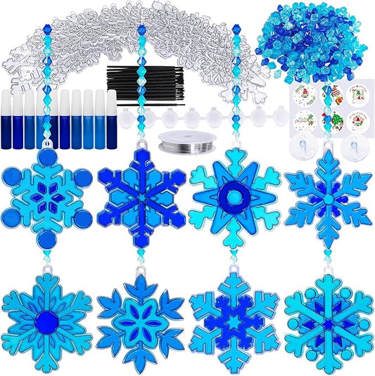 Winlyn 24 Sets Snowflake Suncatchers Ornaments Decorations DIY Window Paint Art Suncatchers Christmas Craft Kits Hanging Snowflake Sun Catchers for Kids Christmas Winter Home Classroom Party Activity