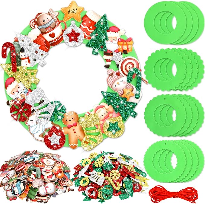 Christmas Foam Wreath Craft Kits 16PCS DIY Christmas Ornament Foam Sticker Holiday Activity for Kids Christmas Party Decoration Supplies