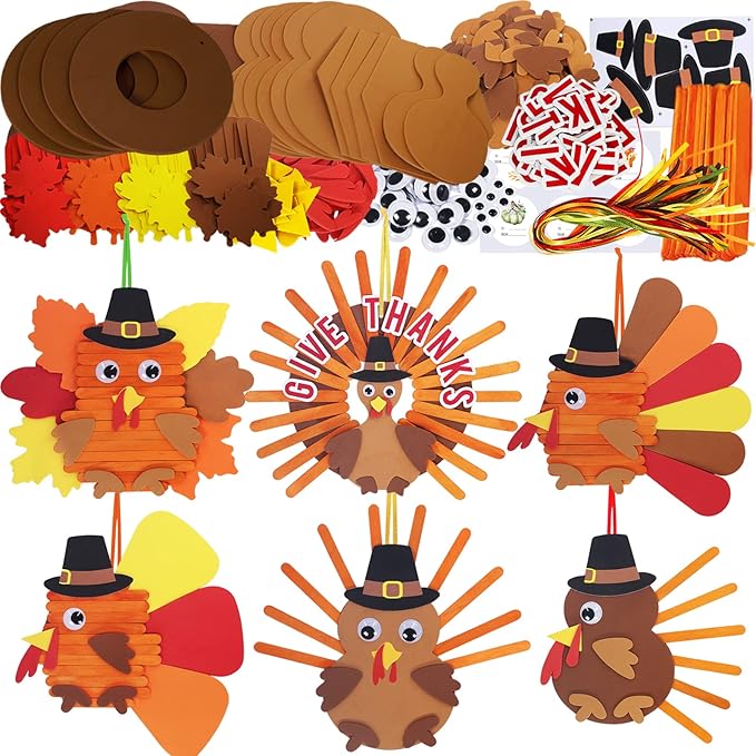 Winlyn 24 Sets Thanksgiving Craft Kits Fall Crafts DIY Give Thanks Thanksful Turkey Ornaments Decorations Art Sets Wood Craft Sticks Turkey Foam Stickers Googly Eyes for Kids Classroom Activities