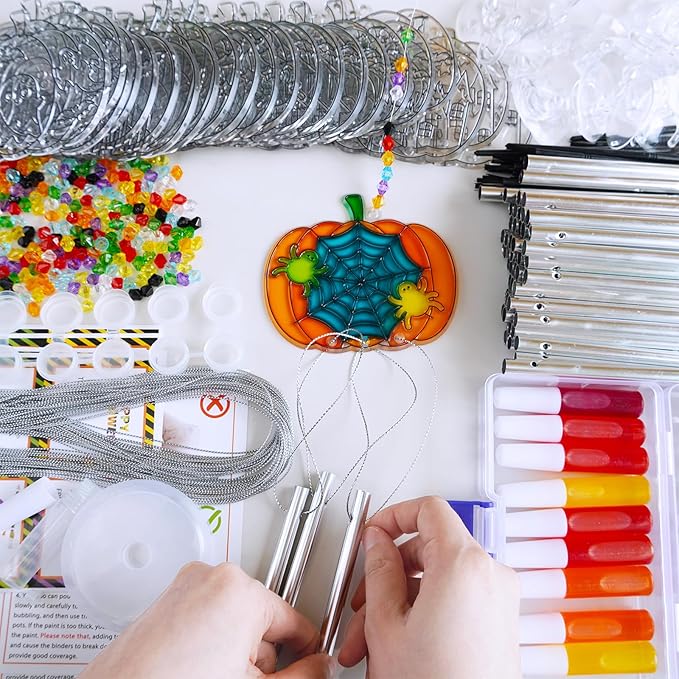 Winlyn 24 Sets Halloween Pumpkin Suncatcher Wind Chime Ornaments Decorations DIY Window Paint Art Suncatcher Craft Kits Pumpkin Sun Catchers for Kids Classroom Halloween Activities Holiday Art Project