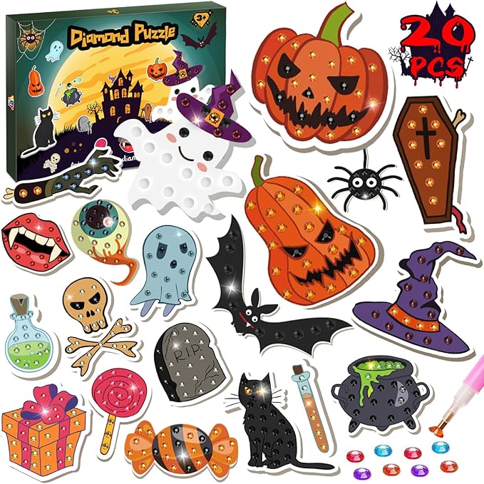 TOY Life Halloween Diamond Painting Kits Diamond Art for Kids Pumpkin Ghost Witch Hat Halloween Party Favor Goodie Bag Halloween Toy 20PCS Stickers Gem Art Kits Crafts Kits for Girls Ages 6-12