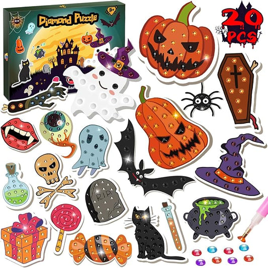 TOY Life Halloween Diamond Painting Kits Diamond Art for Kids Pumpkin Ghost Witch Hat Halloween Party Favor Goodie Bag Halloween Toy 20PCS Stickers Gem Art Kits Crafts Kits for Girls Ages 6-12