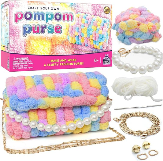 PURPLE LADYBUG Make Your Own Pom Pom Purse Kit – Arts and Crafts for Kids Ages 6-8, Girl Gift Ideas for Ages 6-10, Birthday or Easter Gifts for Girls