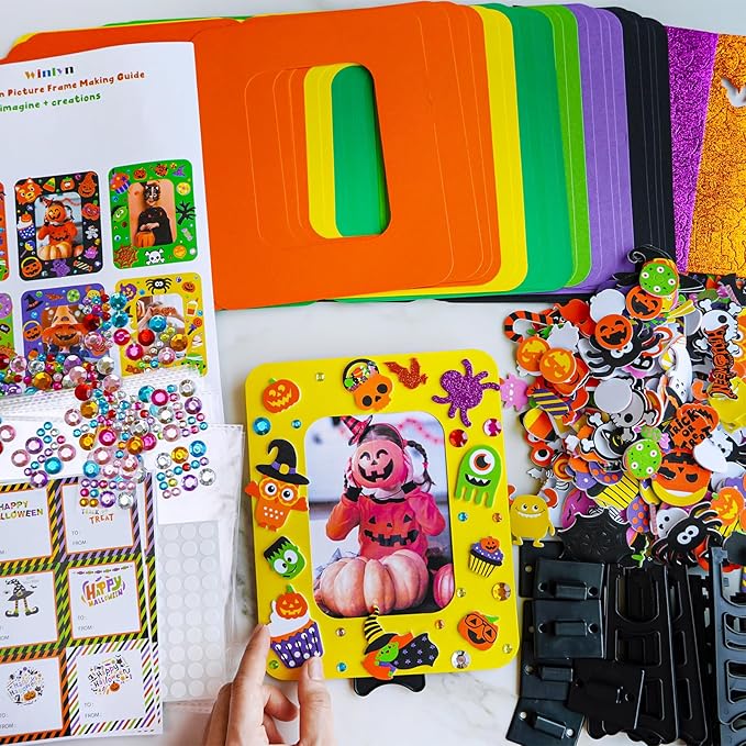 Winlyn 24 Sets Halloween Craft Kits DIY Halloween Picture Frame Decorations Art Sets Ghost Monster Jack-O'-Lantern Fall Leaf Festive Foam Stickers Arts and Crafts for Kids Party Classroom Activities