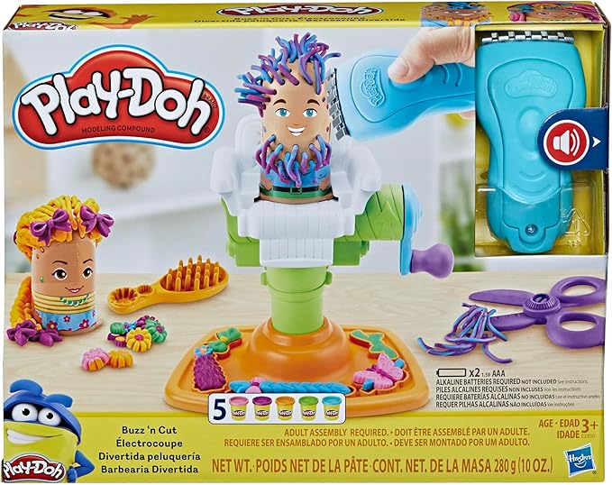 Play-Doh Buzz 'n Cut Fuzzy Pumper Barber Shop Set, Electric Buzzer, 5 Colors of 2-Ounce Cans, Preschool Toys, Christmas Gifts Girls & Boys, Ages 3+ (Amazon Exclusive)