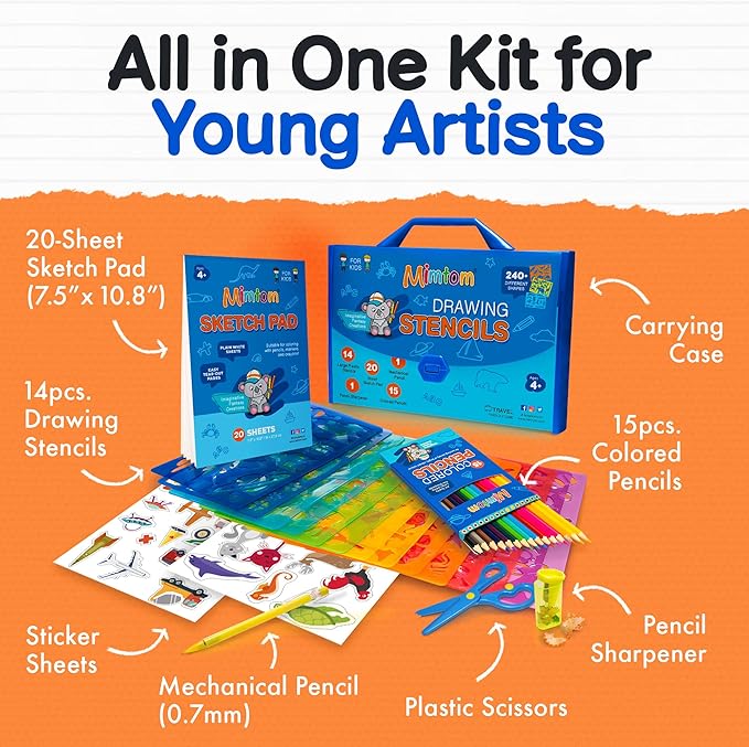 Mimtom Drawing Stencil Kit for Kids, 51 PC Art Set with 240+ Shapes, Sketch Pad, and Colored Pencils for Children's DIY Arts and Crafts, Draw with Animal, Letter and Car Stencils, Blue