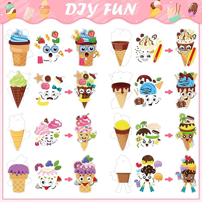 BeYumi Ice Cream Craft Kit - 123Pcs Summer Make Your Own Ice Cream Stickers Craft for Kids Summer DIY Waffle Cone Art Sticker Set School Classroom Home Game Fun Activities Art Supplies Decor