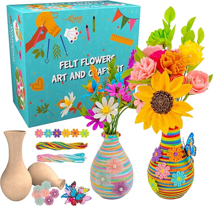 FTBox Crafts Kit for Girls Ages 6-12, Felt Flowers Bouquet and Art Craft Project for Girls, DIY Activity Christmas Birthday Gift for Girls Age 6 7 8 9 10 11 12 Year Old (Wood Vases)