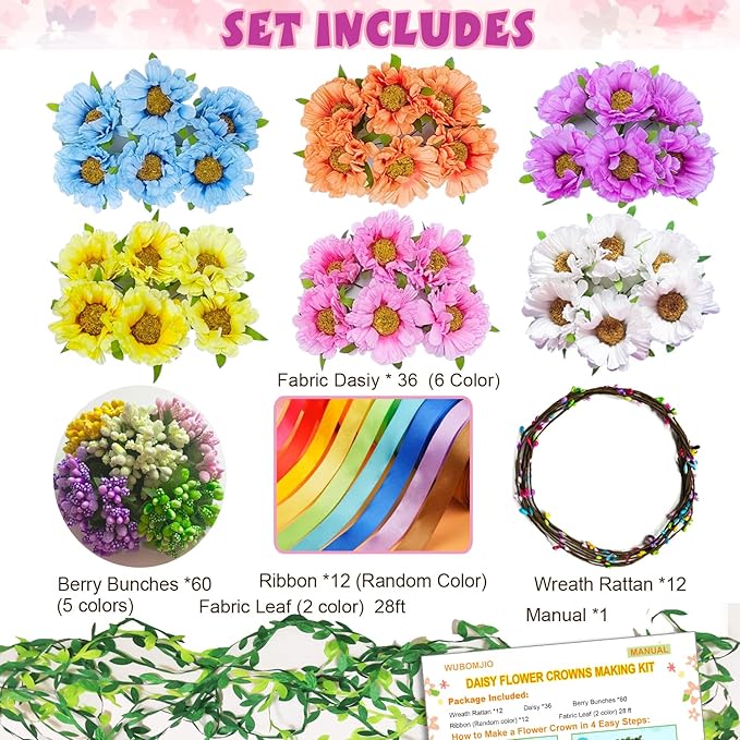 WUBOMJIO Make Your Own Flower Crown Crafting Kit(Daisy Theme)| 120+Piece Set for Endless Creativity | Gift for Creative Girls Age 6-10+