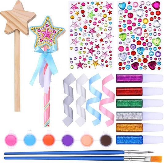 BBTO 24 Pieces Make Your Own Princess Wand Kit Include 2 Wooden Star Wands, 2 Dowels, 4 Satin Ribbons, 2 Gem Stickers, 6 Paints, 2 Paintbrushes, 6 Glitter Glues Pens Fairy Wand Art Craft Kit for Girl