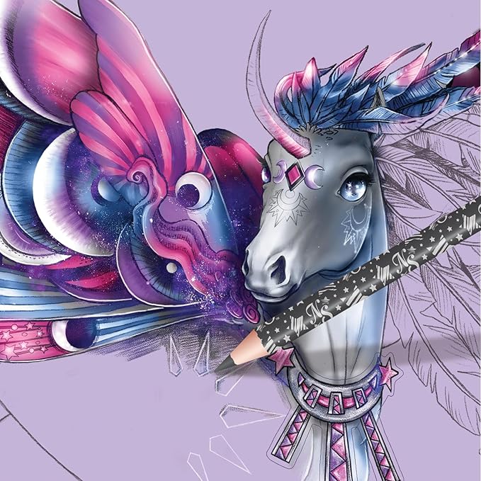 Nebulous Stars Fantasy Horses Sketchbook for Kids - 35 Large Stenciled Purple Pages - Comes with 80 Stencils