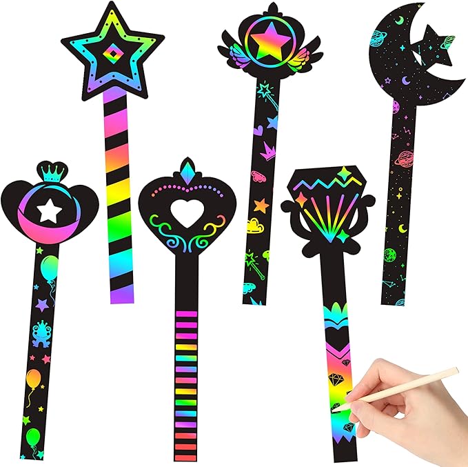 WATINC 30Pcs Fairy Stick Scratch Paper Art Set for Girls Birthday Party, Colorful DIY Craft Kit for Princess Party Favors, Fairy Wand Supplies, Fun Home Activities, Birthday Gifts for Kids