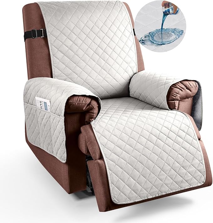 KinCam 100% Waterproof Recliner Chair Cover, Reclining Couch Covers for Pets, Dogs, Recliner Couch Slipcover Furniture Protector with Elastic Straps for Kids(23.6", Beige White)