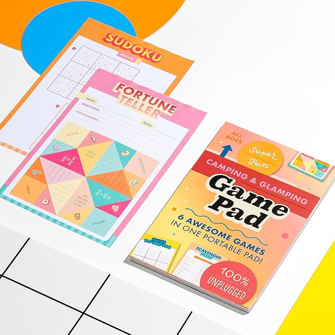 Knock Knock Camping On-The-Go Game Pad, Glamping & Outdoor Activities for Kids, 6 Games (Finish The Doodle, Sudoku, Scavenger Hunt, Super Tic-Tac-Toe, Fortune Teller, Four in a Row), 6 x 9-inches