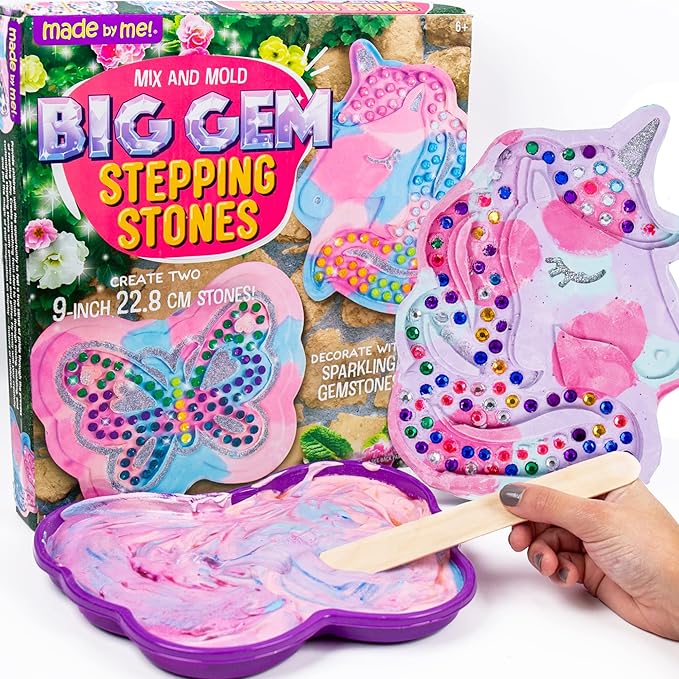 Made By Me Mix & Mold Big Gem Stepping Stones, Make Your Own Stepping Stones Kit, Create Two 9” Stepping Stones, For Kids Ages 6, 7, 8, 9, 10, Great Birthday Party Idea, Spring & Summer Craft Activity