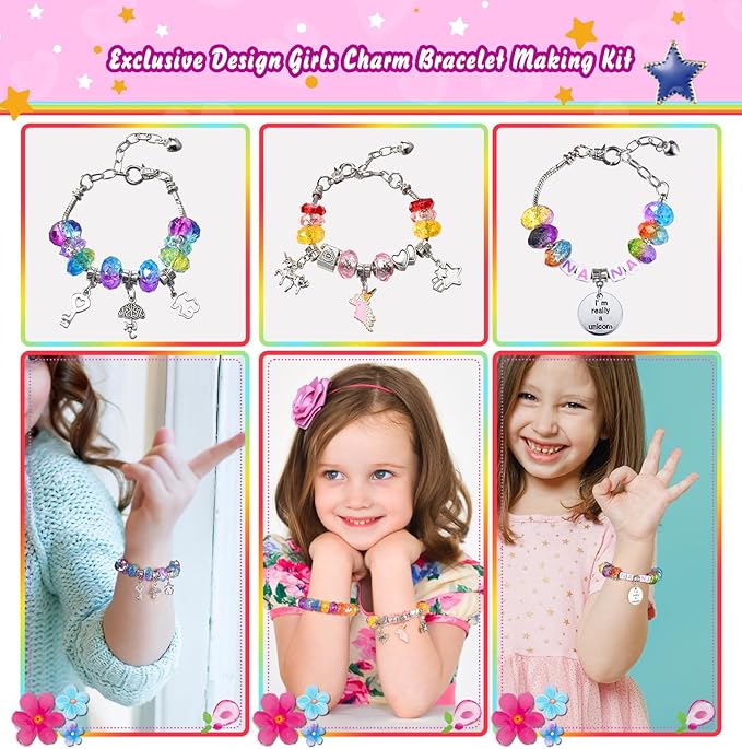 Girls Charm Bracelet Making Kit - 166 Pcs Unicorn Charms Bracelets Kits Kids Jewelry Supplies Make Set DIY Art Craft Set Creative Toys Birthday Gifts for Age 5 6 7 8 9 10 11 12 Year Old Girl Children