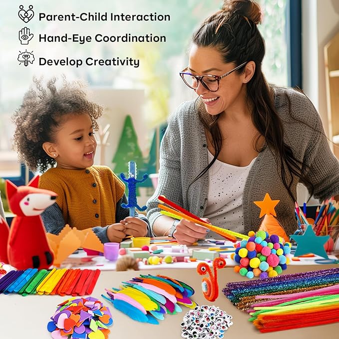 FunzBo 2000Pcs+ Arts & Crafts Supplies Kits for Kids,St Patricks Day DIY Craft Supplies for Toddlers DIY Art Supply Tools Set Include Pipe Cleaners,Pom Poms,Feather for Crafts,Crafts for kids Ages 4-8