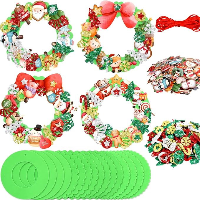 Christmas Foam Wreath Craft Kits 16PCS DIY Christmas Ornament Foam Sticker Holiday Activity for Kids Christmas Party Decoration Supplies