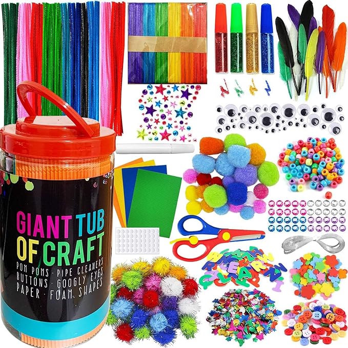 MOISO Kids Crafts and Art Supplies Jar Kit - 550+ Piece Set - Plus Glitter Glue, Construction Paper, Colored Popsicle Sticks, Eyes, Pipe Cleaners