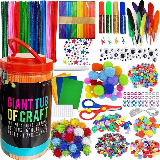 MOISO Kids Crafts and Art Supplies Jar Kit - 550+ Piece Set - Plus Glitter Glue, Construction Paper, Colored Popsicle Sticks, Eyes, Pipe Cleaners