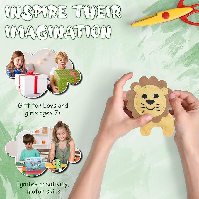MOMOTOYS Kids Sewing Kit for Kids, Fun & Educational Wild Animals Sew Craft Set for Boys and Girls Ages 8-12, Complete Beginner Sewing Kit with Felt Plushie for Creative DIY Projects