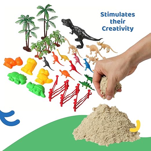 Dinosaur Play Sand Kit - Sensory Bin Sandbox, 2 Bags of Safe Sand and 34 Pieces - Feels Like Wet Sand Without The Mess - Comes with Bin, Lid, Dinosaur Figures, Dino Molds, Trees, Fences