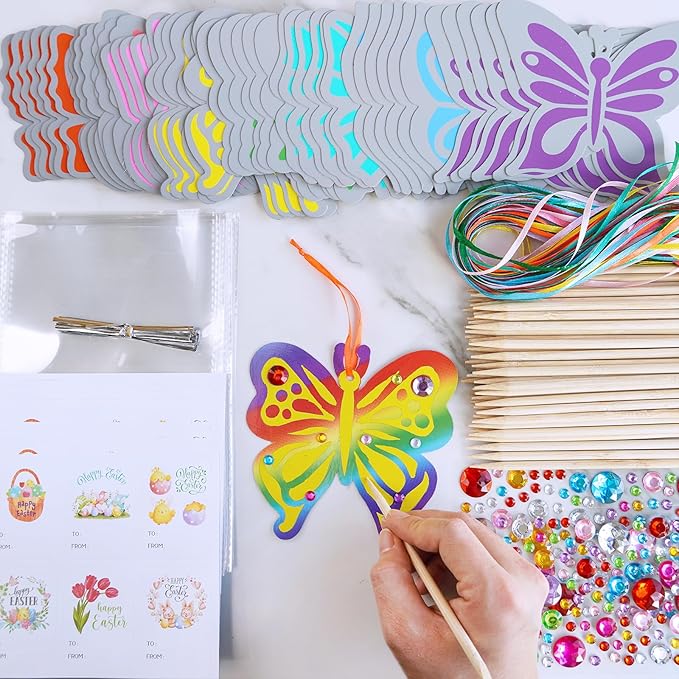 Winlyn 48 Sets 8 Styles Magic Color Scratch Butterfly Ornaments Decorations Butterfly Scratch Art Butterfly Craft Kits for Kids Classroom Easter Day Spring Activities Party Favors