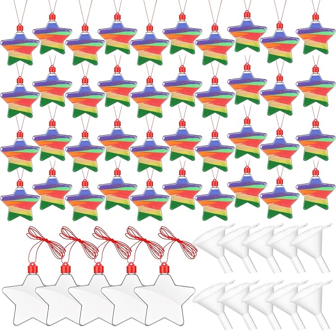 Yinkin 50 Pcs Sand Art Bottle Necklaces DIY Sand Art Craft Kit with 10 Pcs Plastic Mini Funnels Christmas Plastic Bottles for Kids Craft Christmas Party Favors, Sand Not Included (Star Style)