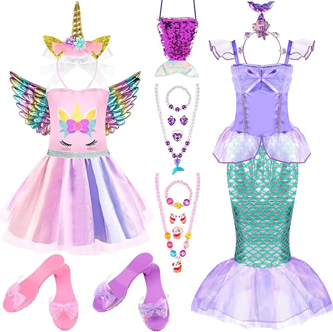 Toddlers Princess Dress Up Clothes for Little Girls 3 4 5 6, Unicorn & Mermaid Kids Dress Up Princess Costume with Wing, Shoes, Play Jewelry, Kids Pretend Play Princess Toys Gifts for Girls Toddlers