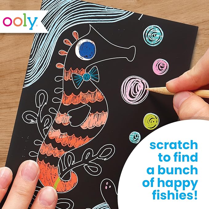 Ooly Mini Scratch & Scribble Art Kit: Friendly Fish, Colorful Scratch Book for Kids Ages 6 and Up, Creative Arts and Crafts Activity for Girls & Boys, Great Travel or Birthday Party Art Kit